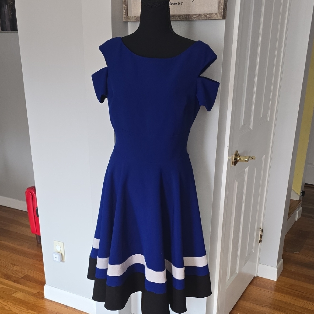 Blue Fit-and-Flare Cold-Shoulder Dress